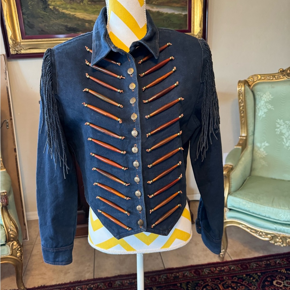 Double D Ranch Denim Fringed Jacket. Size M
